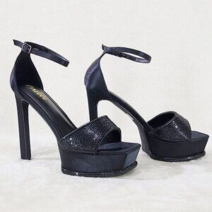 Helen Black Evening Platform High Heel Shoes Rhinestone Trim Details NEW